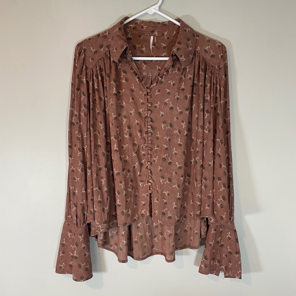 Free People XS Mauve Floral Button Down High Low Boho Blouse Top Cottagecore